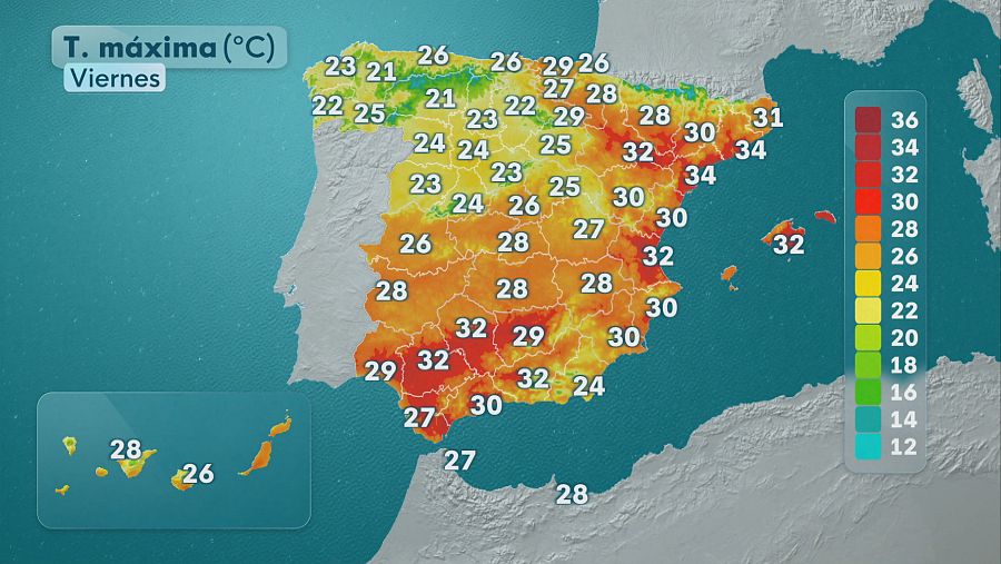 Mapa de temperaturas máximas del viernes