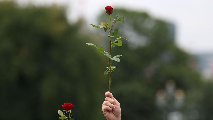 Varias personas sostienen rosas en recuerdo del rey Harald V