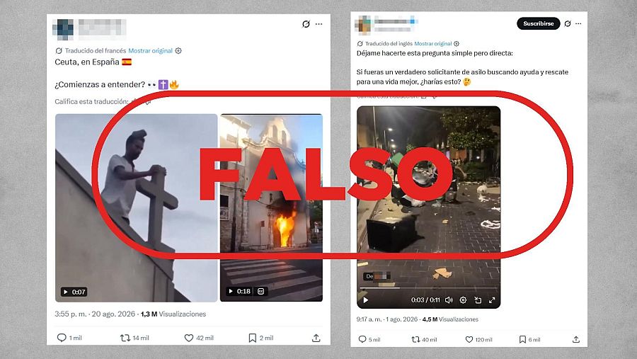 Mensajes de X que comparten vídeos descontextualizados para atribuir falsamente altercados a migrantes en Ceuta