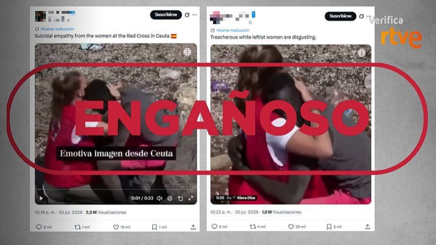 Mensajes de X que difunden como actual el vídeo de 2021 de una voluntaria de Cruz Roja abrazando a un joven migrante junto a mensajes de odio