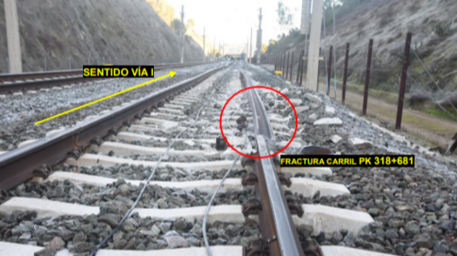 Punto exacto donde se produjo la fractura del carril y el descarrilamiento en Adamuz