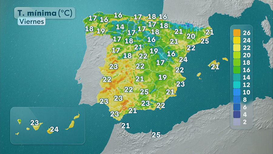 Mapa de temperaturas mínimas del viernes