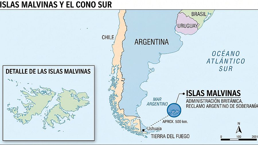 Situación de las Islas Malvinas en el mapa