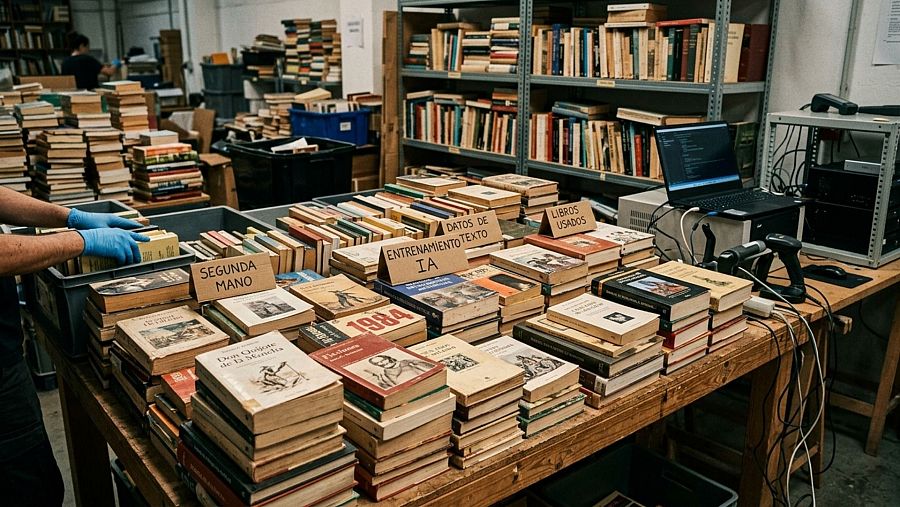 Manos con guantes azules clasifican libros de segunda mano en una caja, junto a pilas de libros y carteles que anuncian 