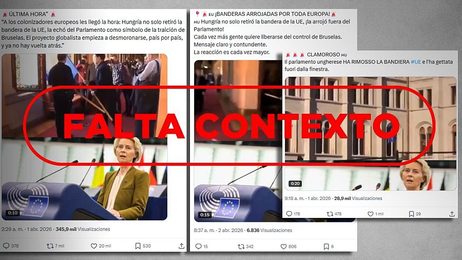 Mensajes en redes sociales que difunden falsamente que el Parlamento de Hungría ha retirado y arrojado por la ventana la bandera de la UE.