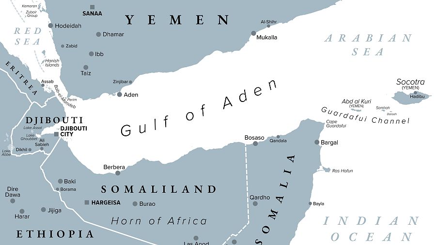 Mapa del golfo de Adén, situado entre Yemen y el Cuerno de África. Limita al sur con Yibuti, Somalilandia y Puntlandia