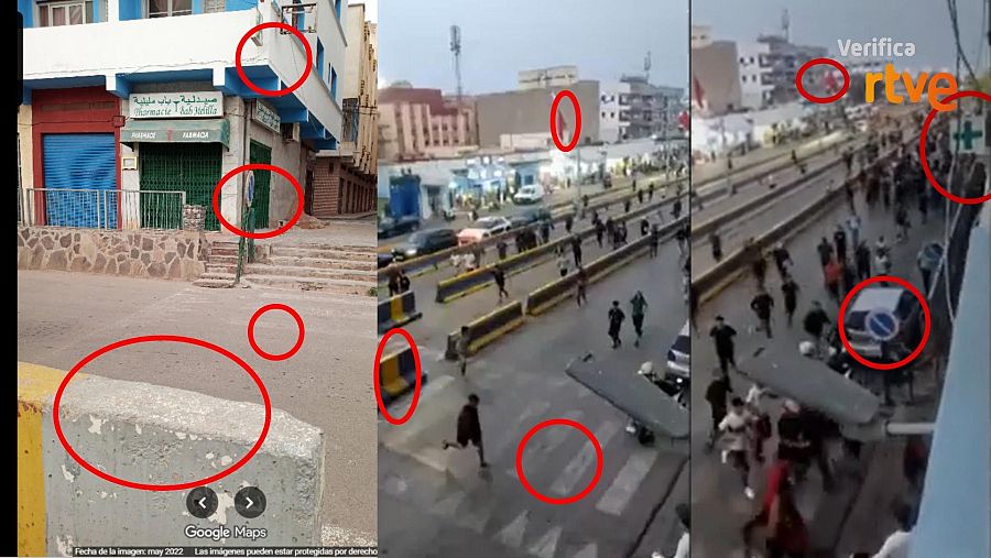 Coincidencias entre los fotogramas del vídeo difundido en redes y el paso fronterizo de Melilla en una imagen de Google de 2022