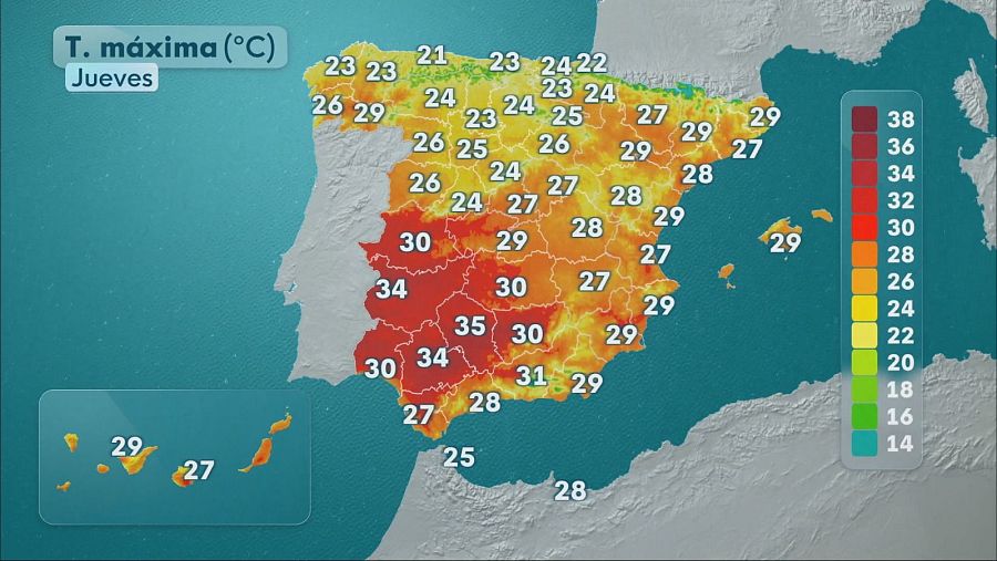 Temperaturas máximas para el jueves 10 de septiembre.
