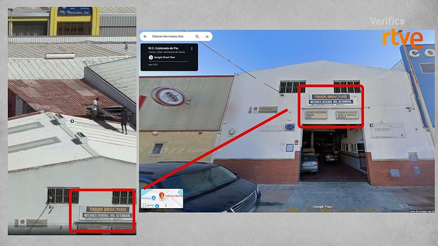 A la derecha, captura del vídeo de redes; a la izquierda, imagen de Google Maps que muestra el mismo taller