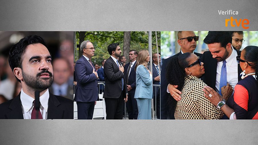 Tres instantes de Mamdani durante el último homenaje a las víctimas del 11S