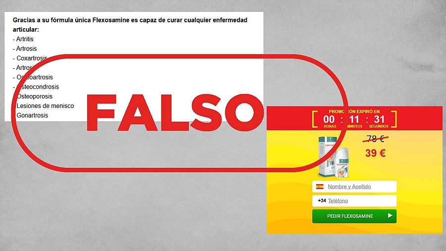 Capturas de una de las webs fraudulentas que promociona Flexosamine y lista de enfermedades que promete curar