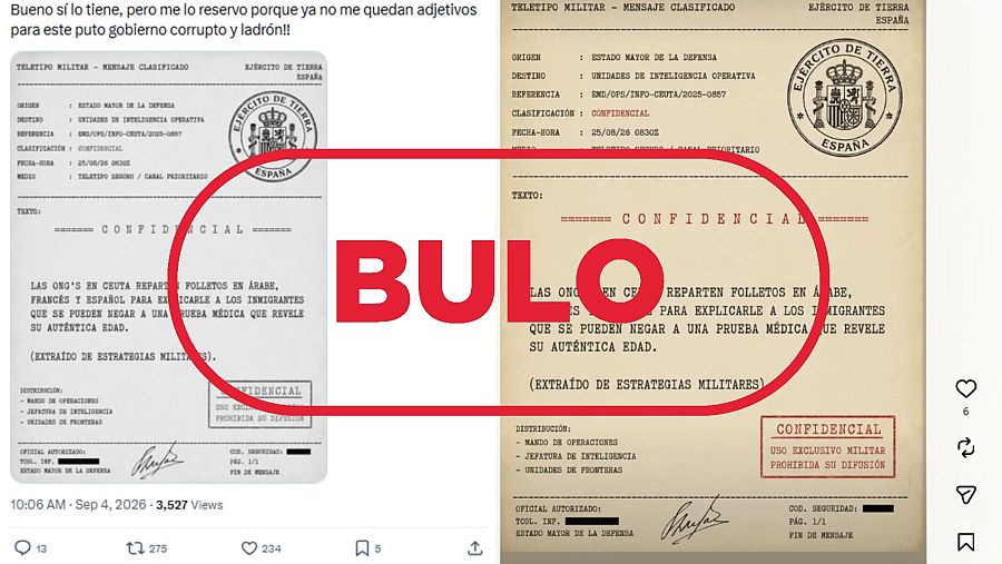 Mensaje de X que comparte el falso informe confidencial del Ejército y una imagen del mismo documento, con el sello bulo