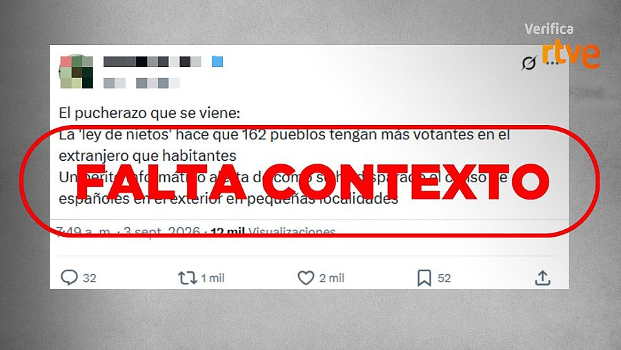 Mensaje descontextualizado sobre los municipios de españoles con más votantes fuera que dentro.