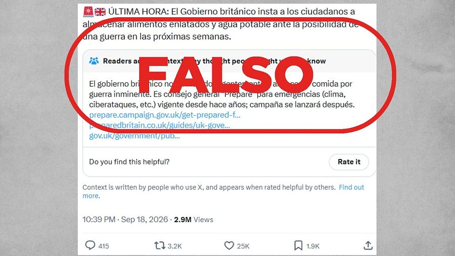 Mensaje que difunde la falsa idea de que el Gobierno británico alerta de una guerra “en las próximas semanas”