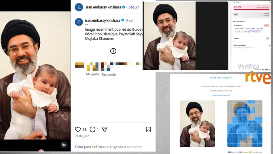 Análisis de Google SynthID y Hive Detect que confirman que la foto del ayatolá con un bebé está hecha con IA