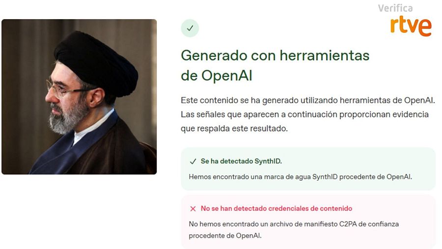 El análisis de OpenAI Verify que señala que esta foto de Mojtaba Jameneí está creada con una IA de esta compañía