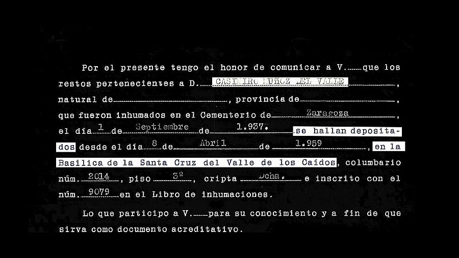 Documento oficial sobre la inhumación y traslado de los restos de D. Casimiro Muñoz del Valle, indicando su ubicación final en la Basílica de la Santa Cruz del Valle de los Caídos.