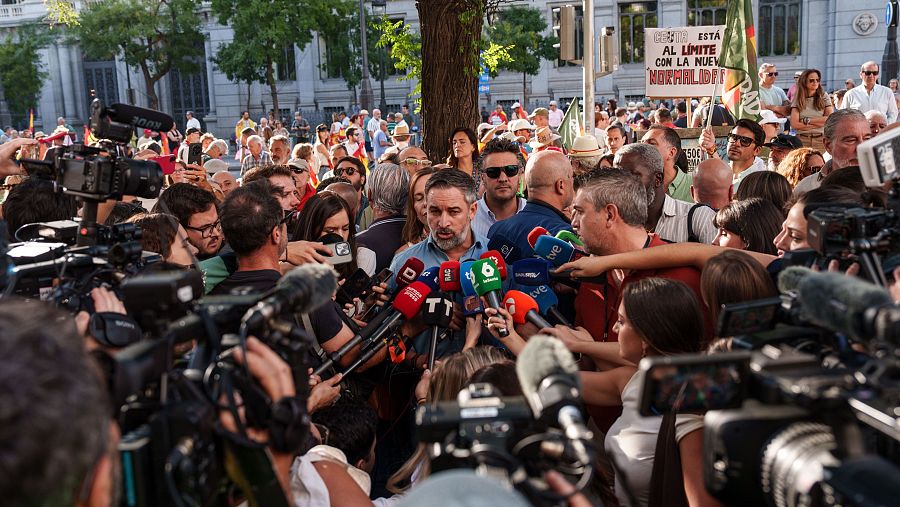 El presidente de Vox, Santiago Abascal, atiende a los medios durante la marcha.