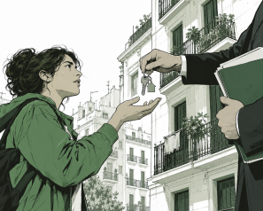 Ilustración de entrega de llaves de vivienda en ciudad. Mujer joven recibe llaves y carpetas de persona con traje, rodeados de edificios urbanos.