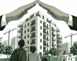 Edificio de apartamentos en construcción, protegido por manos que simulan un techo. Familia observa el desarrollo urbano, simbolizando vivienda protegida y esperanza.