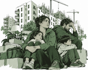 Familia sentada en el suelo con sus pertenencias, rodeada de edificios urbanos y obras de construcción, transmitiendo una sensación de vulnerabilidad.