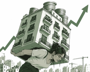 Mujer con edificio y monedas sobre su espalda, flecha ascendente. Metáfora de la carga económica y el aumento de costes.