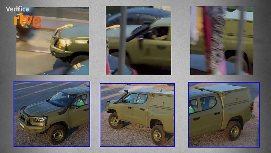 Elementos coincidentes entre el vehículo de la grabación (arriba) y el vehículo del ejército  Iturri VMTT Landtrek (abajo)