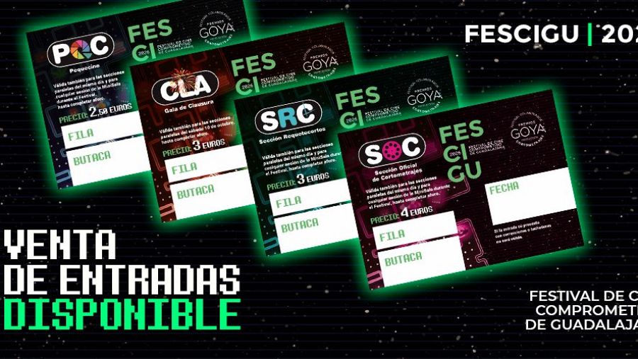 Cartel de FESCIGU 2024 con fondo negro y neón verde que anuncia la venta de entradas, mostrando cuatro pases de colores para Pequecine, Clausura, Requetecortos y Sección Oficial.