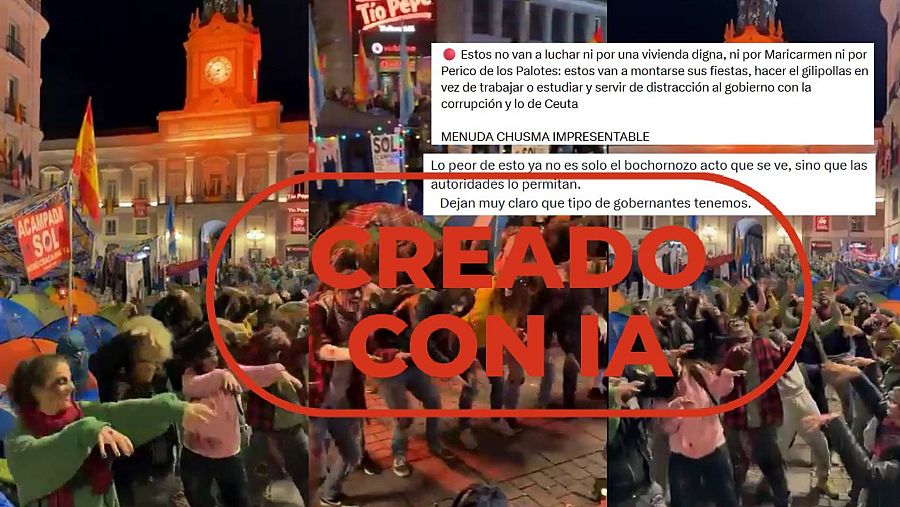 Mensajes que difunden un vídeo creado con IA como si fuera de acampados en la Puerta del Sol en Madrid con sello creado con IA