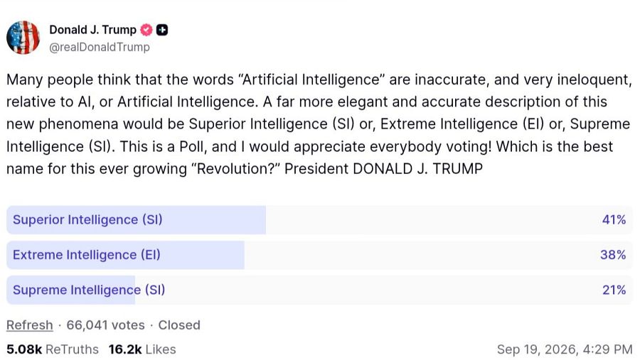 Publicación de Donald Trump en Truth Social preguntando por un nombre alternativo a 