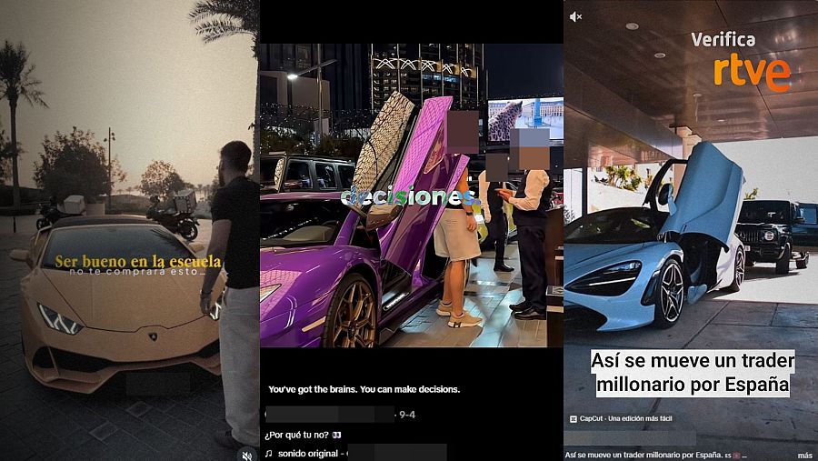 Imágenes publicadas en redes sociales por finfluencers que muestran coches de lujo con el sello VerificaRTVE
