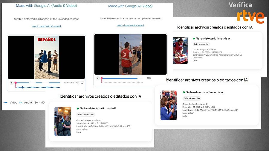 Resultados del análisis de los vídeos con las herramientas de detección de IA de Meta y Google SynthID