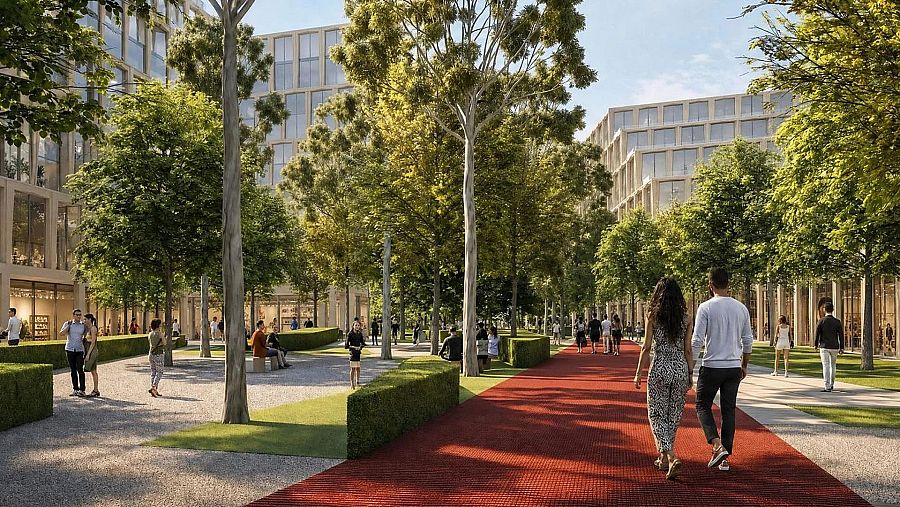 Recreación 3D de una avenida peatonal moderna con edificios residenciales, zonas verdes, árboles y transeúntes disfrutando del espacio al aire libre.