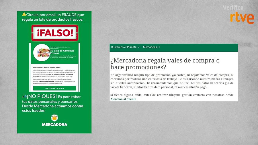 A la izquierda, imagen publicada en las redes sociales para alertar del fraude; a la derecha, aviso en su página web