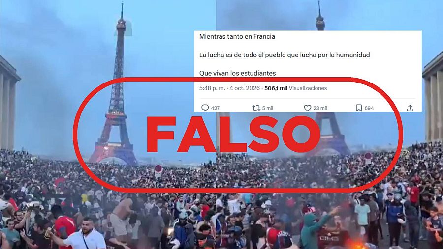 Mensaje que difunde un vídeo de la celebración de la Champions del PSG como si correspondiera con las actuales protestas de París con sello falso