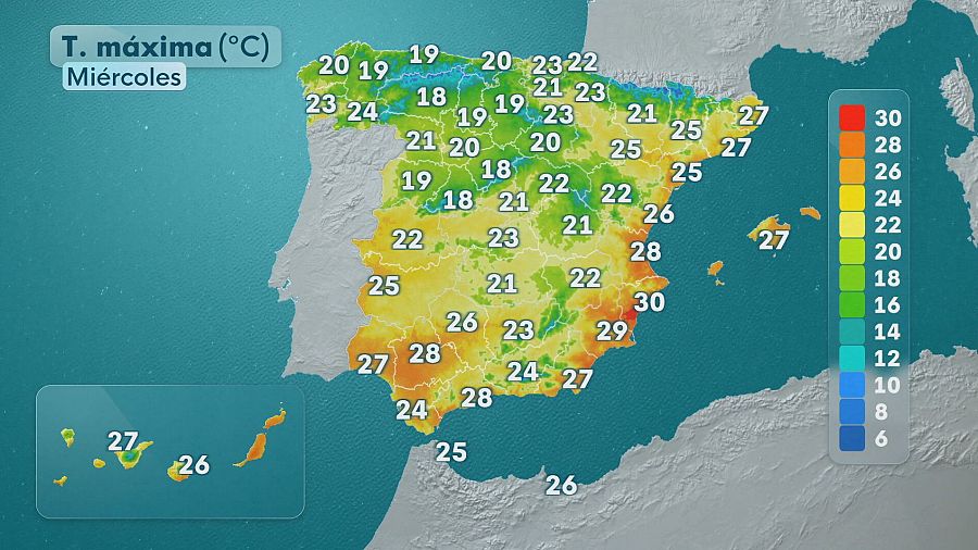 Mapa de la previsión de temperaturas máximas en España el miércoles 7 de octubre