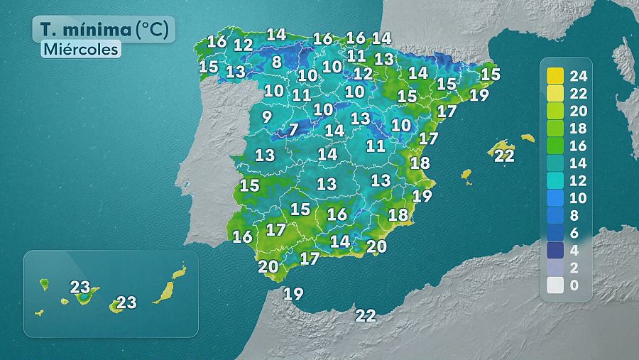 Mapa de la previsión de temperaturas mínimas en España el miércoles 7 de octubre