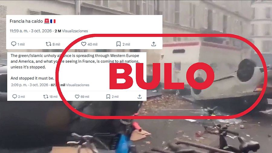Mensajes que difunden un vídeo de coches quemados como si correspondiera a las protestas estudiantiles actuales en Francia con sello Bulo