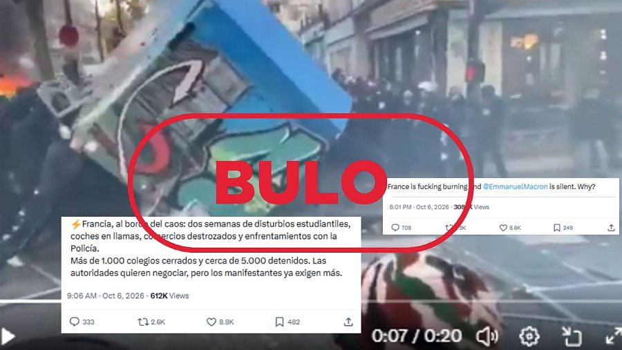 Mensajes que difunden un vídeo de 2020 como si mostrase las actuales protestas en Francia con sello Bulo