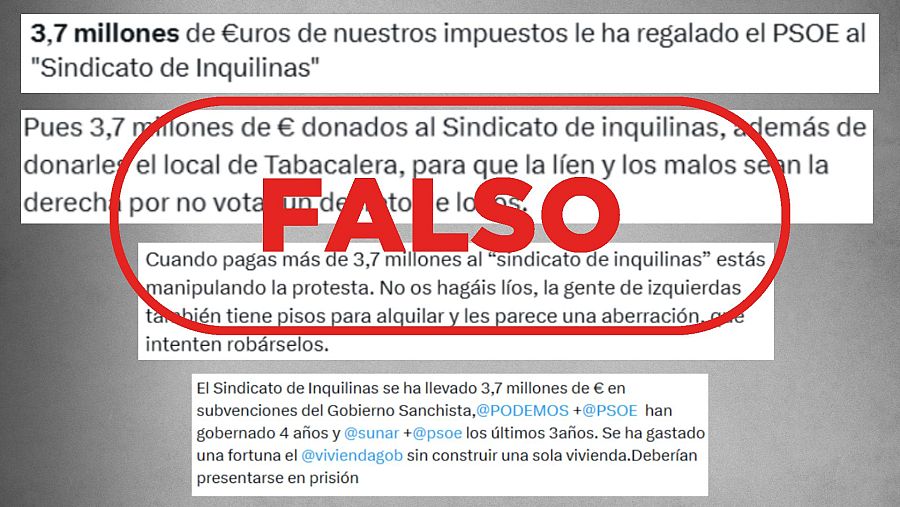 Mensajes en redes sociales que afirman que el Sindicato de inquilinas ha recibido 3,7 millones de euros del gobierno socialista con sello Falso