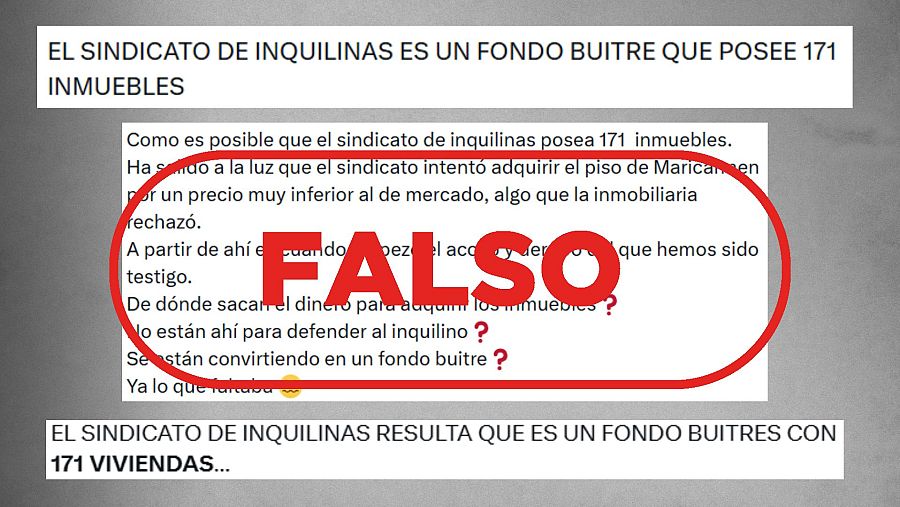 Mensajes en redes sociales que afirman que el sindicato de inquilinas es un fondo buitre que posee 171 inmuebles