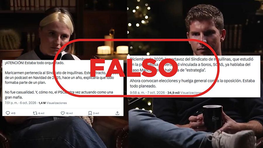 Mensajes que difunden la falsedad de que el desahucio de Maricarmen era parte de un plan para convocar elecciones y huelga general con sello falso