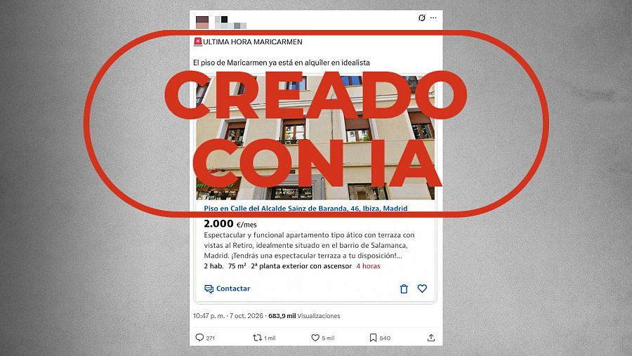 Mensaje que difunde una imagen creada con IA como si fuera un anuncio de Idealista, con sello Creado con IA