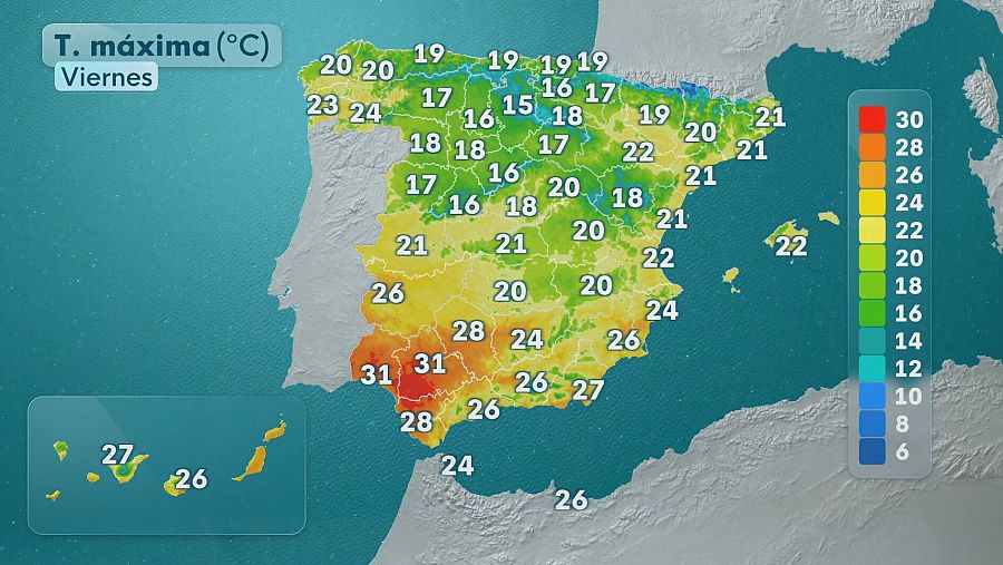 Temperaturas máximas 9 de octubre en España