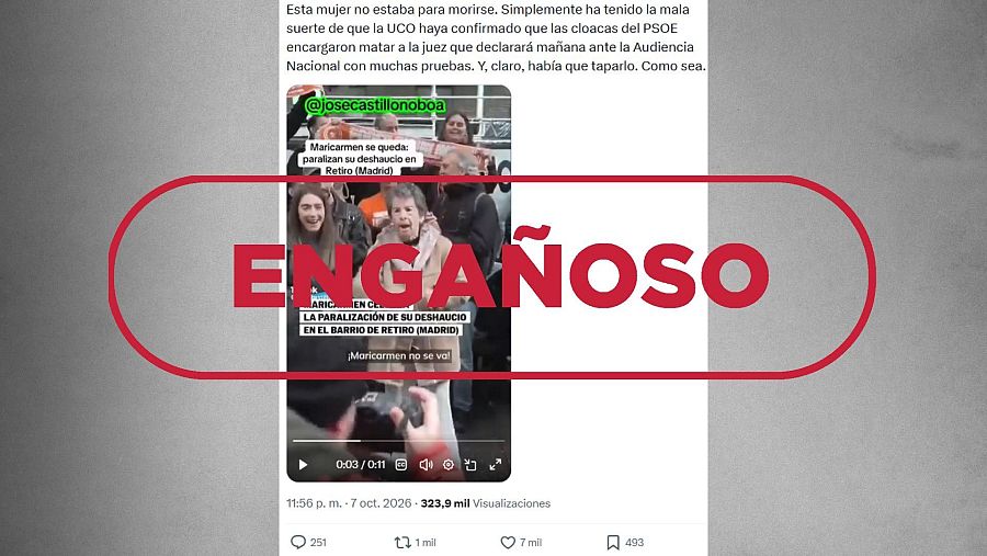 Mensaje en X que comparte un vídeo antiguo de Maricarmen con sello Engañoso