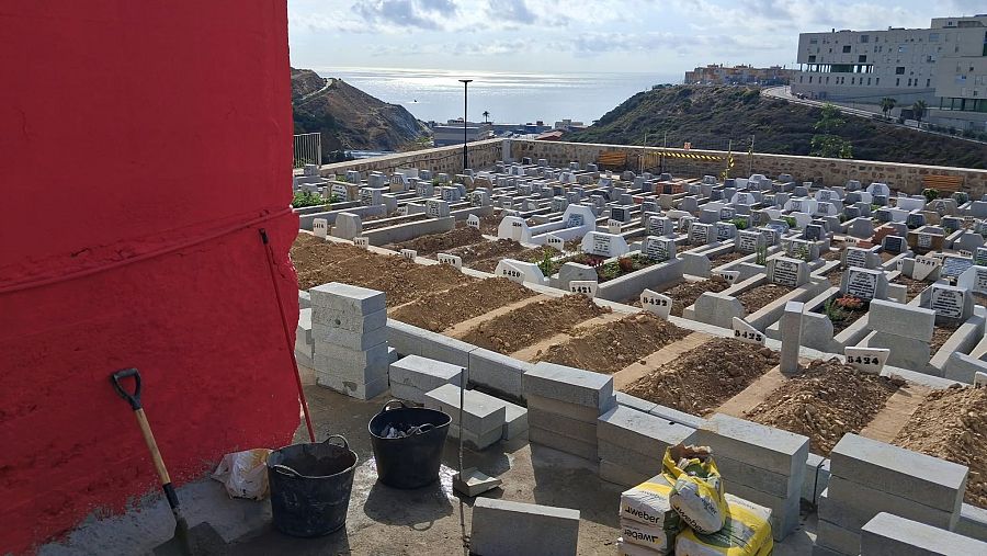 Imagen con las 18 tumbas de los primeros inmigrantes fallecidos tras la crisis de este verano.