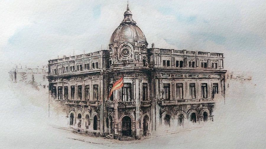 Grabado iluminado a la acuarela de una representación arquitectónica del Ayuntamiento de Ceuta, realizado por la artista ceutí Belén Abad de los Santos.