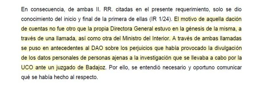 Fragmento del escrito remitido por el DAO de la Guardia Civil, Manuel Llamas, al juez Santiago Pedraz en el que revela las llamadas del ministro del Interior, Fernando Grande-Marlaska, y la directora general de la Guardia Civil, Mercedes González