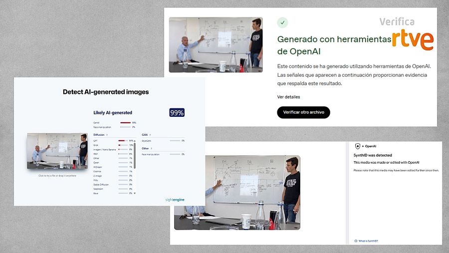 Resultados de OpenAI, de Google SynthID y de SightEngine sobre la imagen de redes