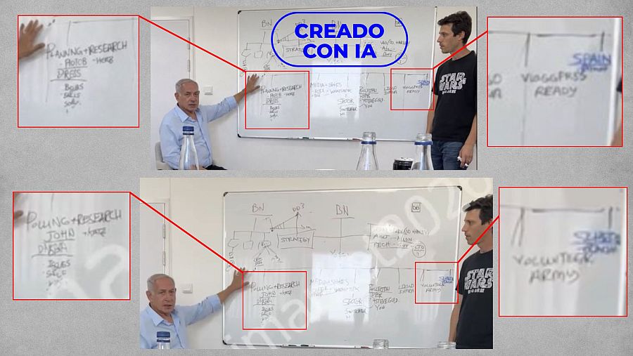 Diferencias entre la imagen que circula por X (arriba) y frame del vídeo difundido anteriormente en Telegram (abajo).